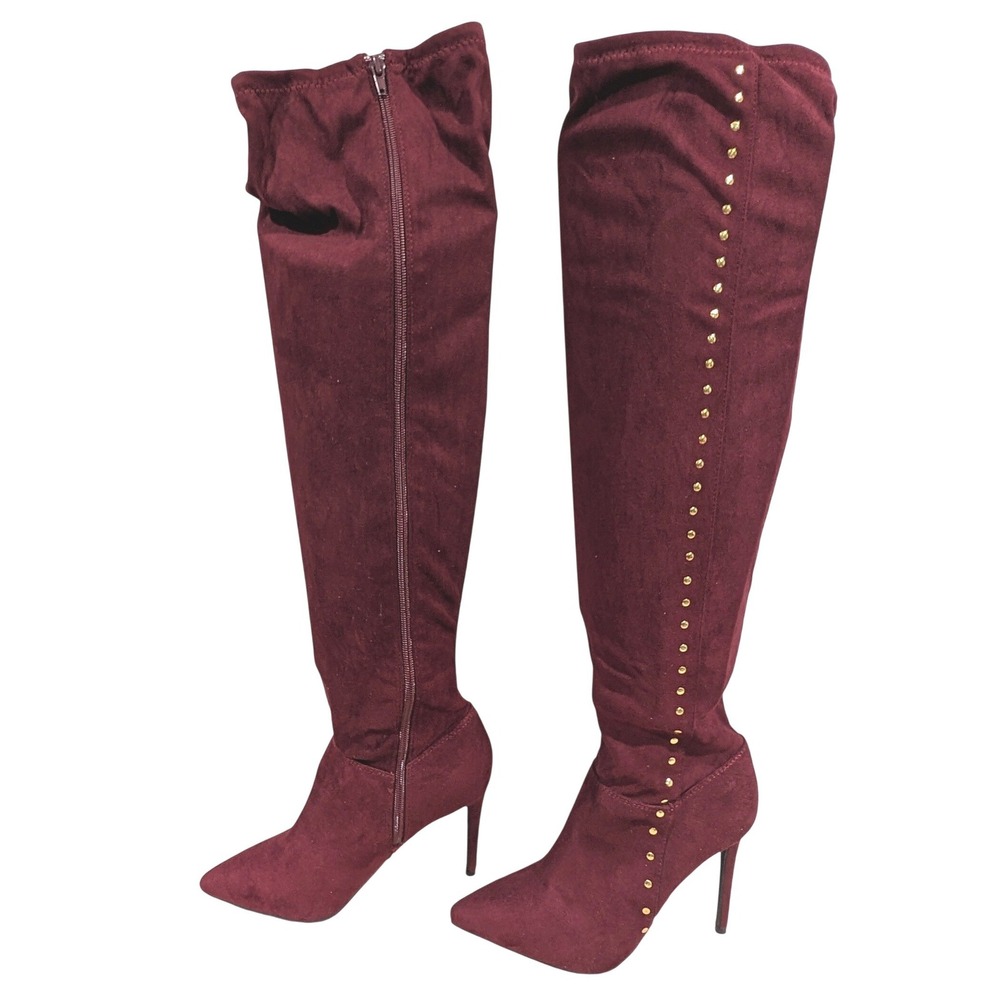 Anne Michelle Riseup-64M Burgundy Faux Suede Studded Thigh High Boots Size 8.5